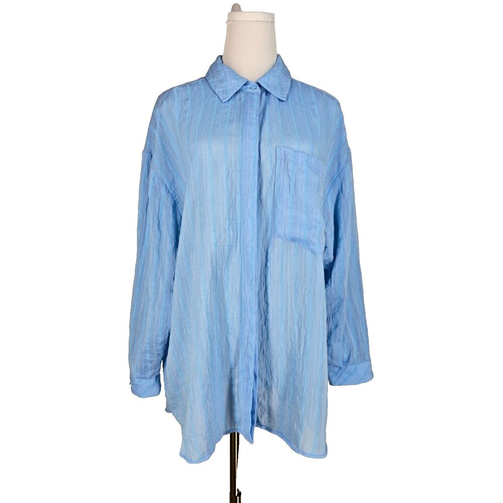 Zara Women's Blue Textured Long Sleeve Collared Button Down Shirt Blouse Top L
